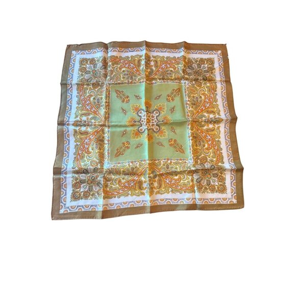 Vintage Green & Brown Paisley Floral Scarf All Acetate Made In Japan Square - Picture 1 of 5